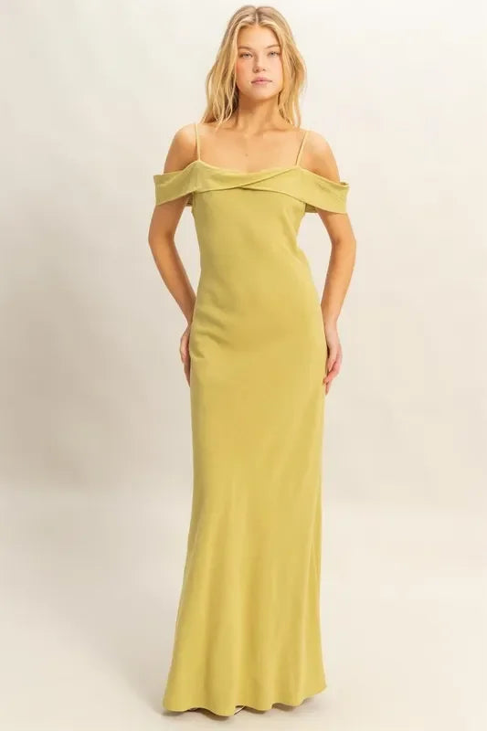 Olive green off-shoulder maxi dress, trendy and affordable for happy, beautiful days