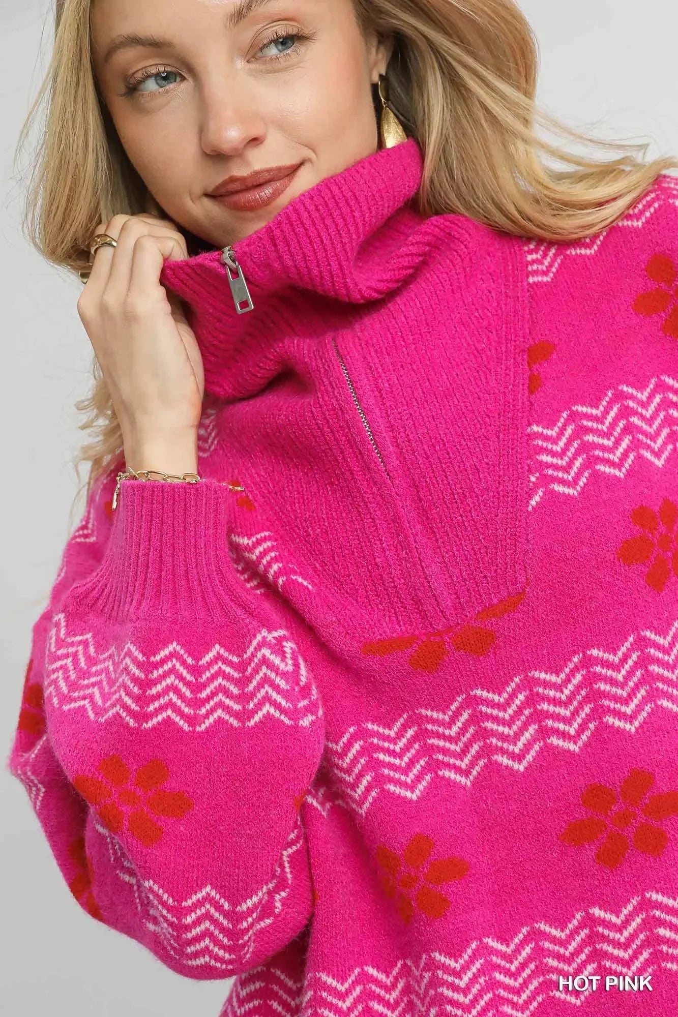 Hot pink floral zigzag knit sweater with half-zip turtleneck, cozy and trendy for happy vibes