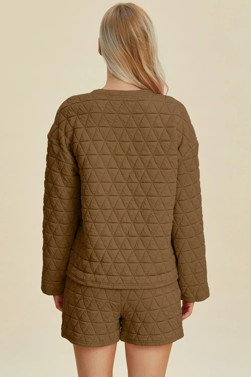 Olive green quilted pajama set with diamond pattern, cozy long sleeve top and shorts