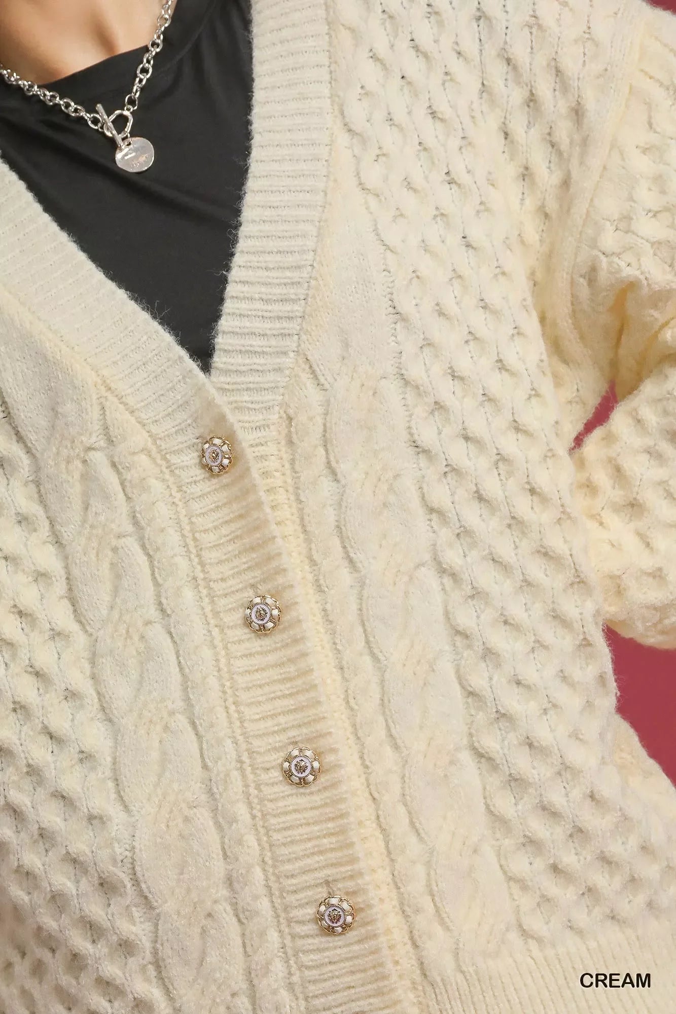 Cream cable knit cardigan with floral buttons, cozy trendy sweater for women