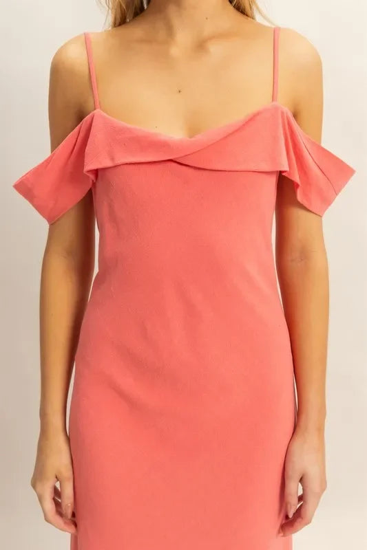 Coral off-shoulder ruffle dress with thin straps, trendy and flattering fit