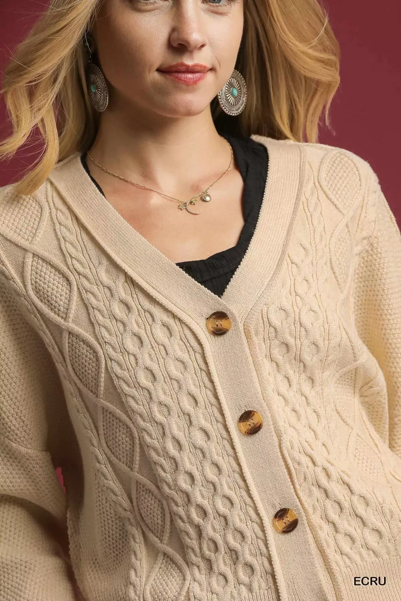 Cream cable knit cardigan with gold buttons, boho style, cozy and trendy for women