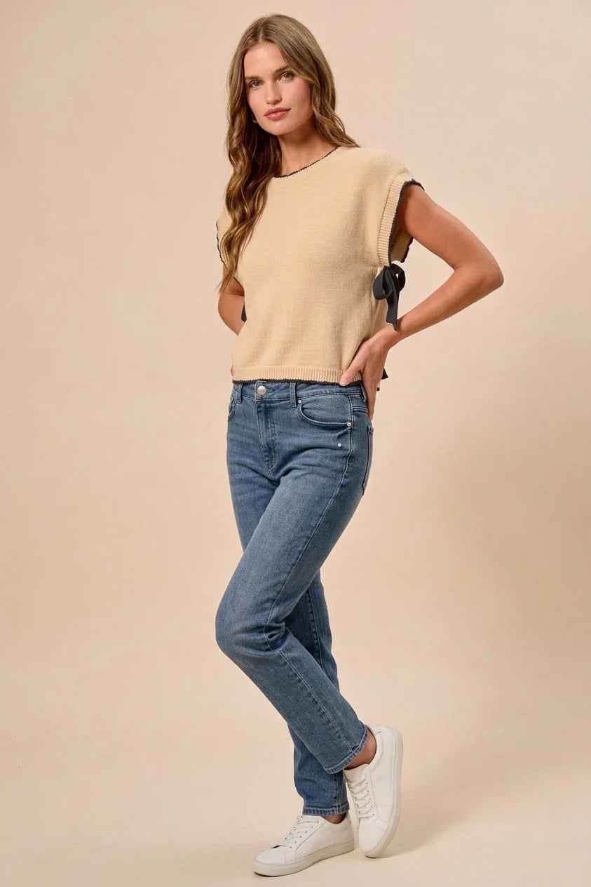 Lightweight Sweater Dolman Side Ribbon Tie Top - Oatmeal/Black