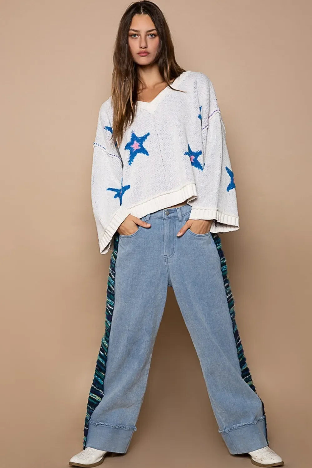 Boho star knit sweater with wide-leg denim pants, trendy hippie fashion