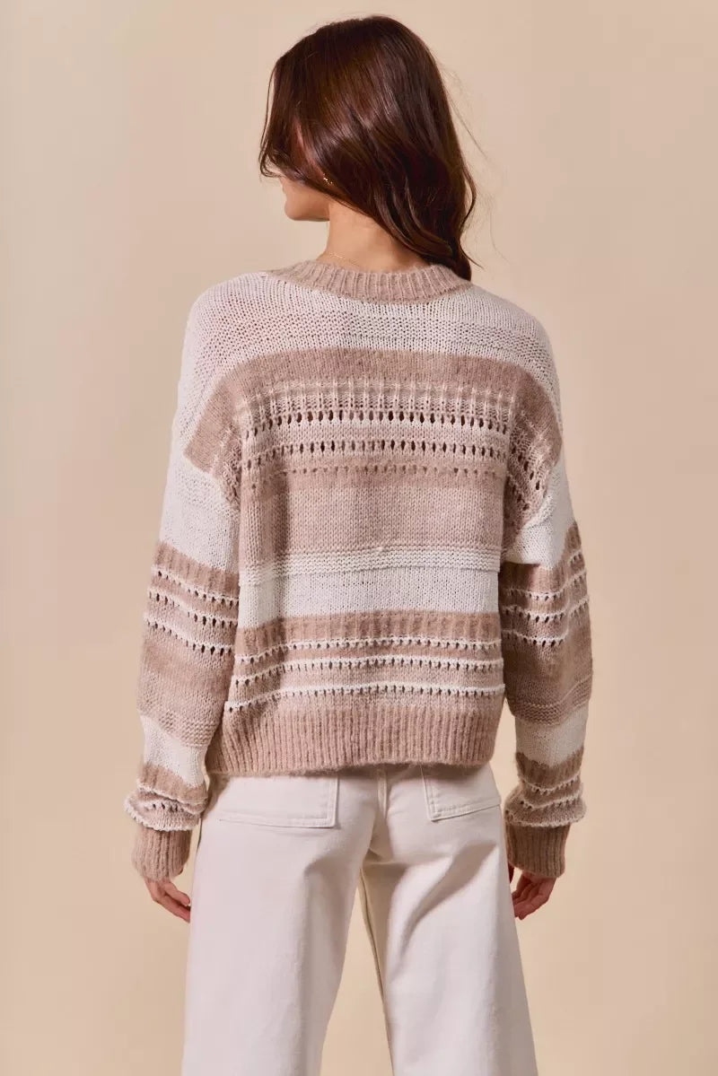 Cozy striped knit sweater with openwork details, back view, paired with cream pants