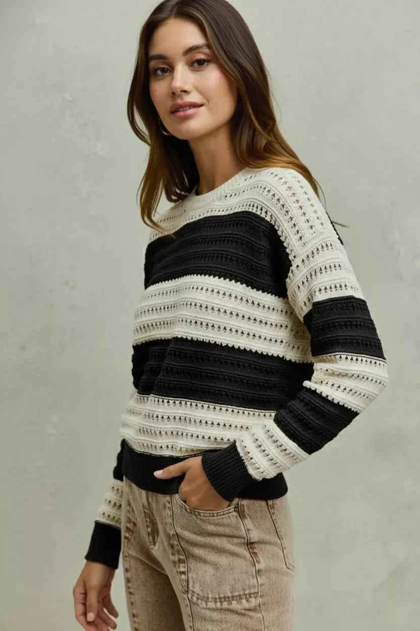 Openwork Round Neck Wide Stripe Textured Sweater - Cream/Black