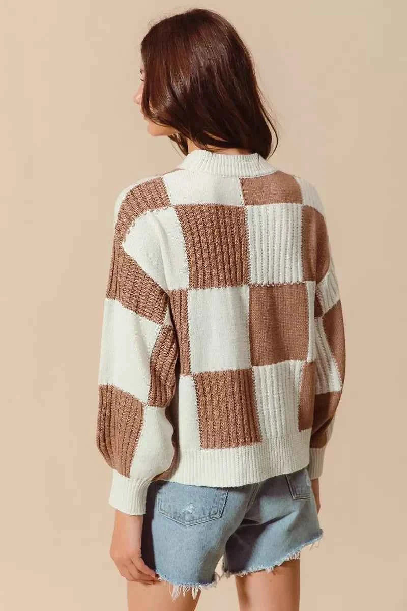 Ribbed Color Block Checkered Plaid Sweater