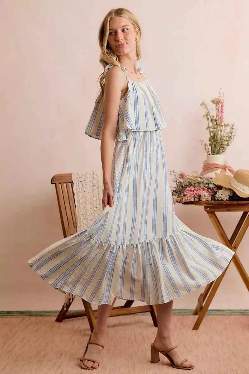 Stripe Tiered Shoulder Tie Midi Lined Dress - White/ Blue
