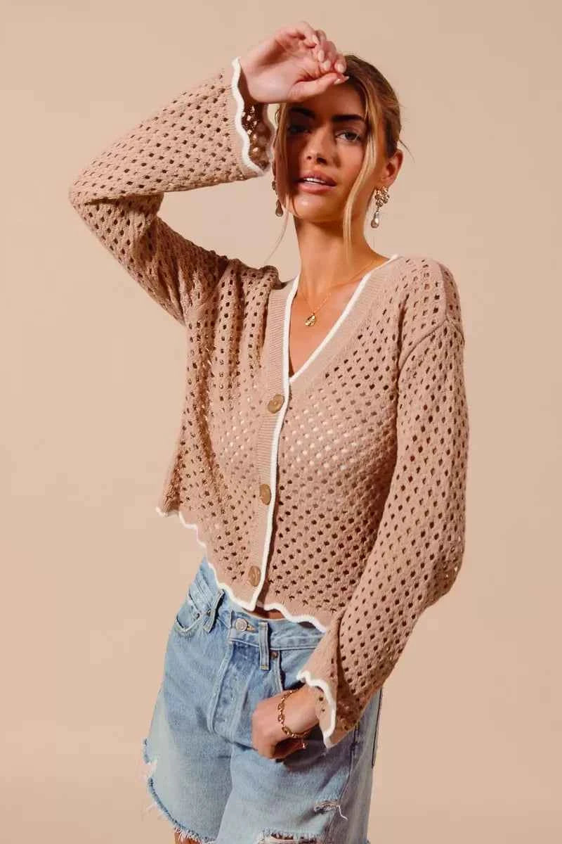Open Knit Light Weight Sweater Cardigan With Contrast Wavy Scallop Edge - Taupe