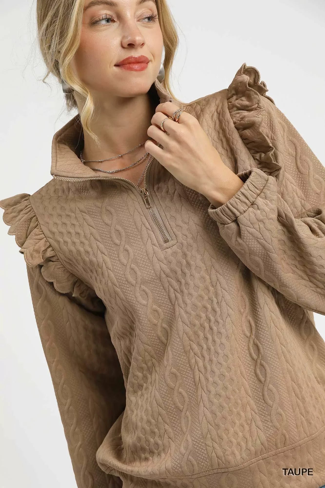 Taupe cable knit quarter zip sweater with ruffle shoulders, cozy and trendy women's top
