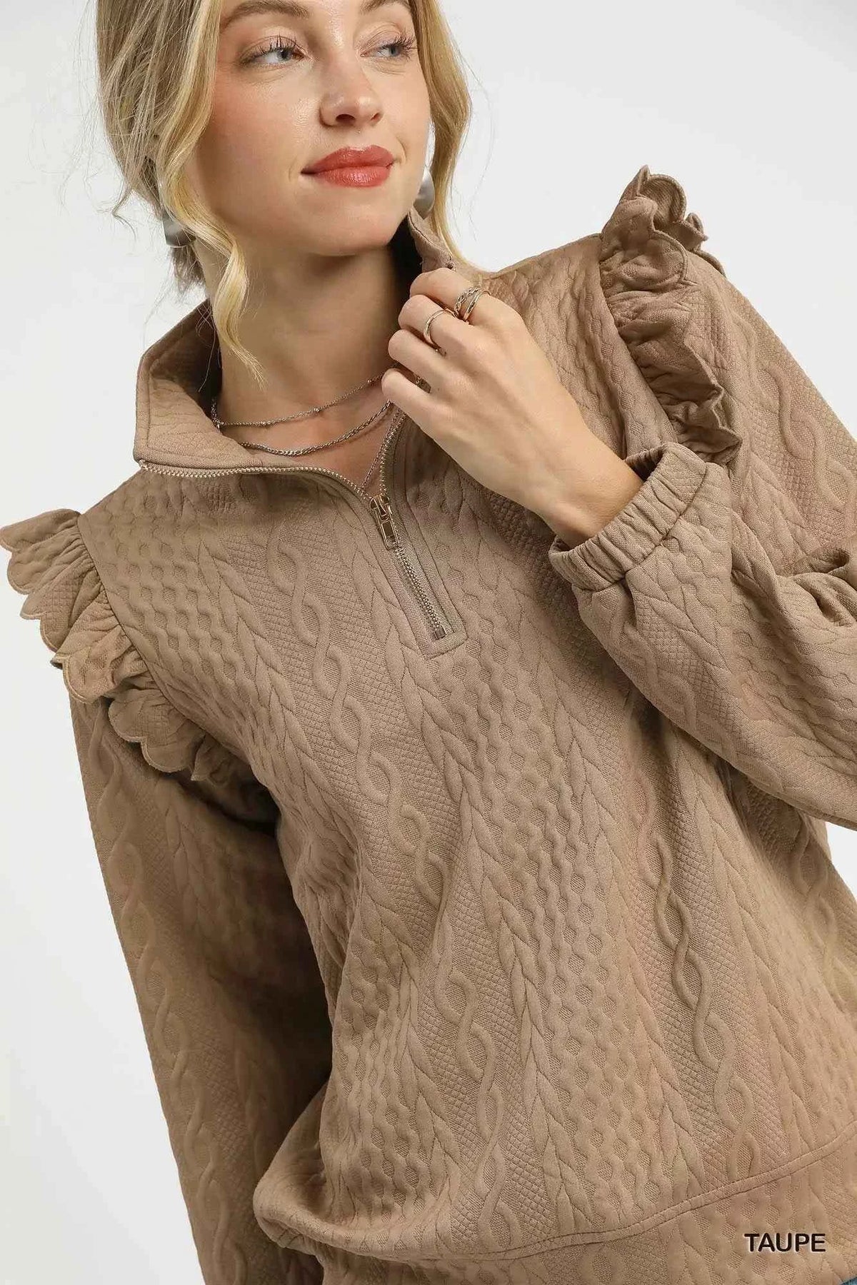 Cable Knit Textured Pullover with Ruffle Shoulders - Taupe