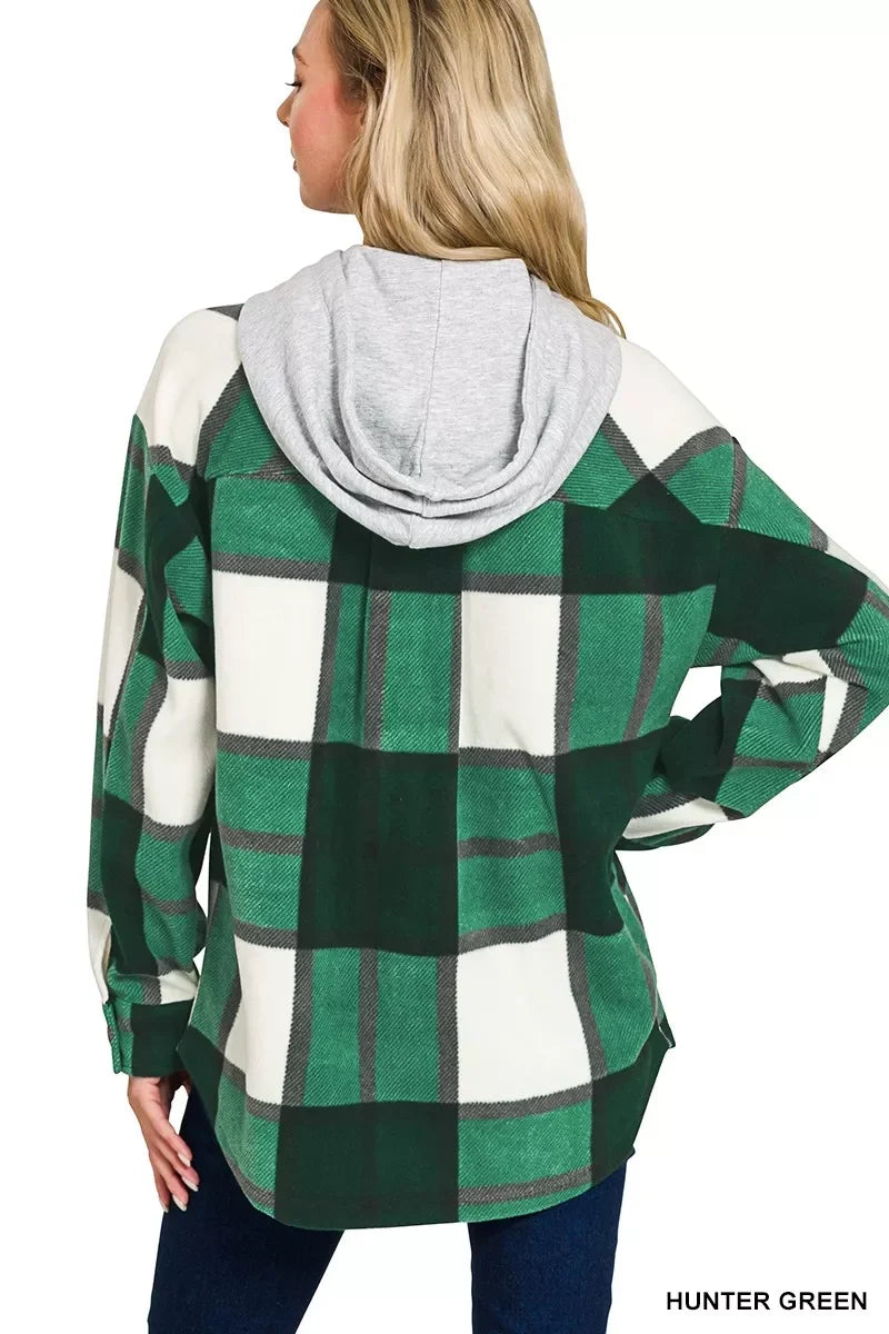 Hunter green and white plaid hoodie with gray hood, cozy fall fashion