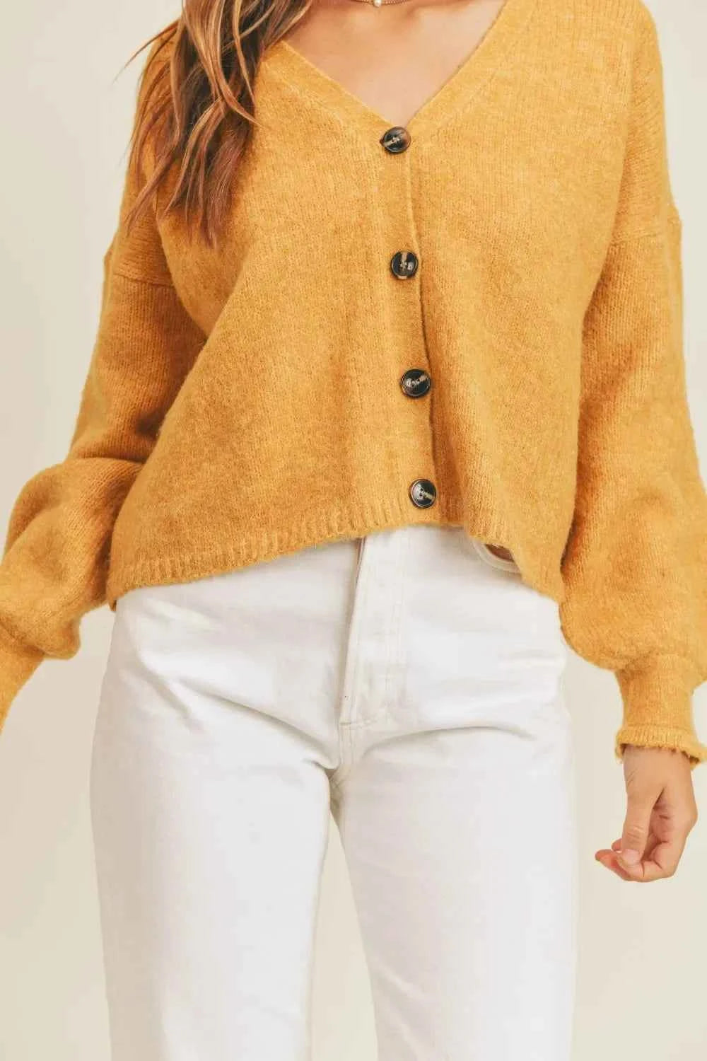 Long Sleeve Button Down Sweater Cardigan-mustard
