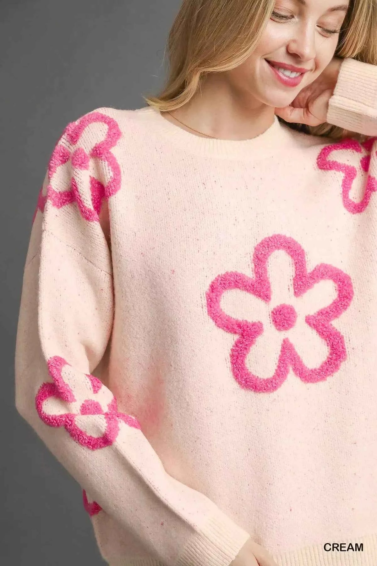 Round Neck Sweater with Pink Floral Accents - Cream