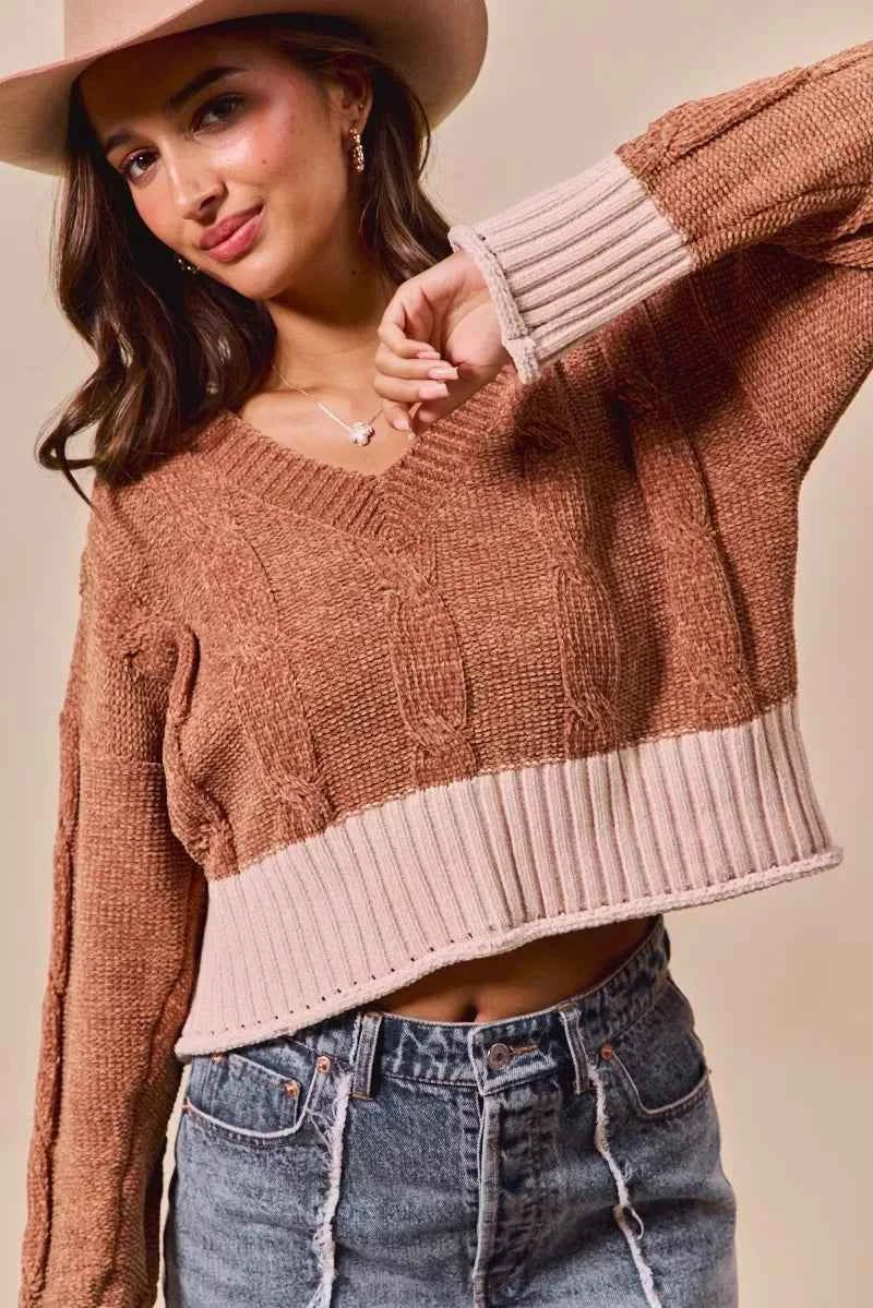 Chenille Cable Knit V Neck Contrast Cropped Sweater - Rust