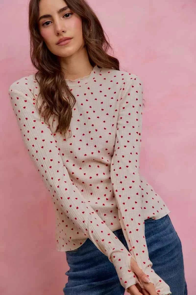 Ditsy Heart All Over Slub Rib Knit Valentine Top - Oatmeal/Red
