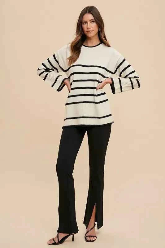 Wear Side Slit Striped Round Neck Sweater