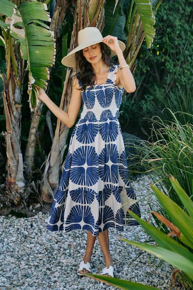 Abstract Print Smocked Bodice Tiered Lined Midi Dress - Navy