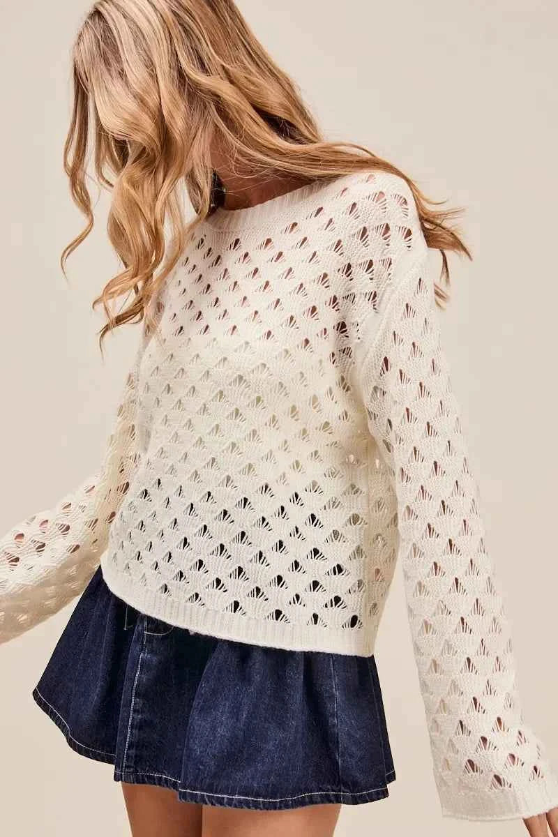 Geometric Pattern Open Knit Lightweight Sweater - Ivory