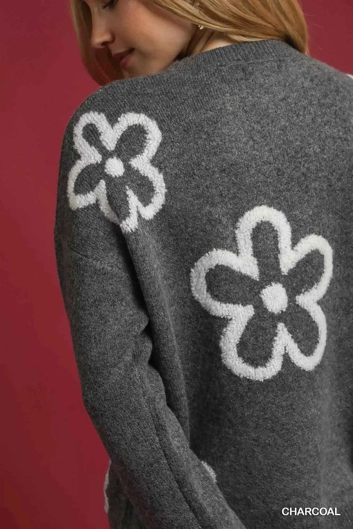 Round Neck Sweater with Pink Floral Accents - Charcoal
