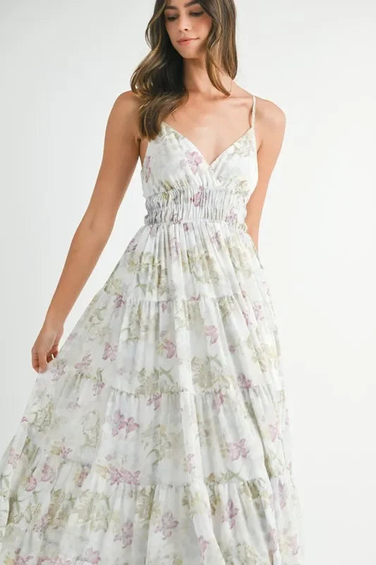 Boho floral maxi dress with tiered skirt and spaghetti straps, perfect for happy, trendy summer vibes