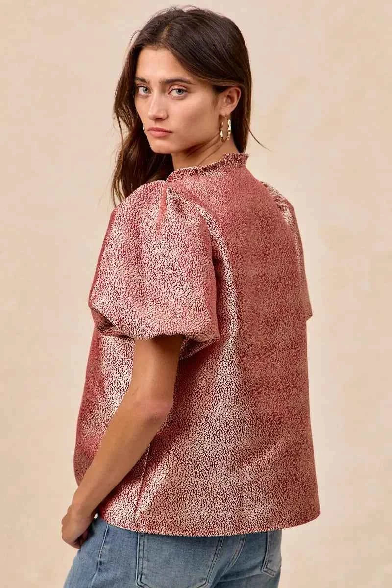 Jacquard Woven Short Balloon Sleeves V Neck Top