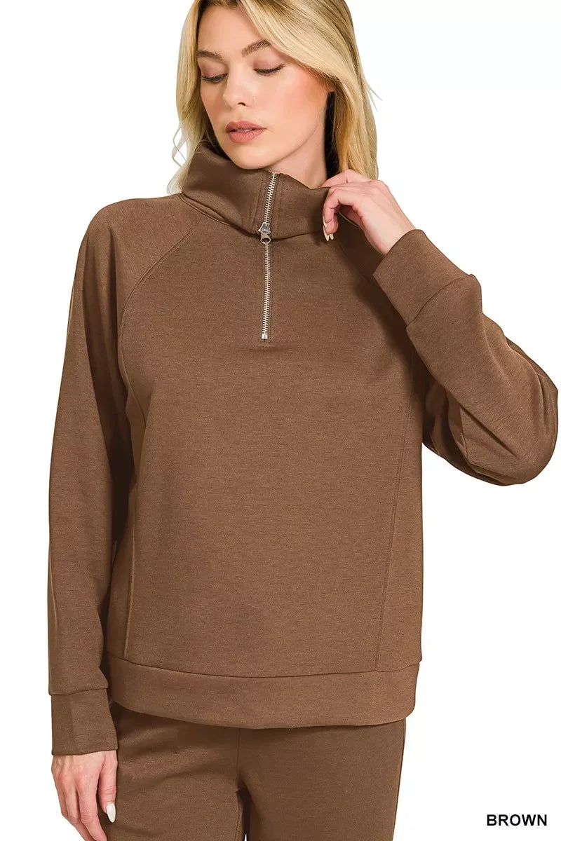 Brown cozy half-zip hoodie with cowl neck, trendy and comfortable women's loungewear