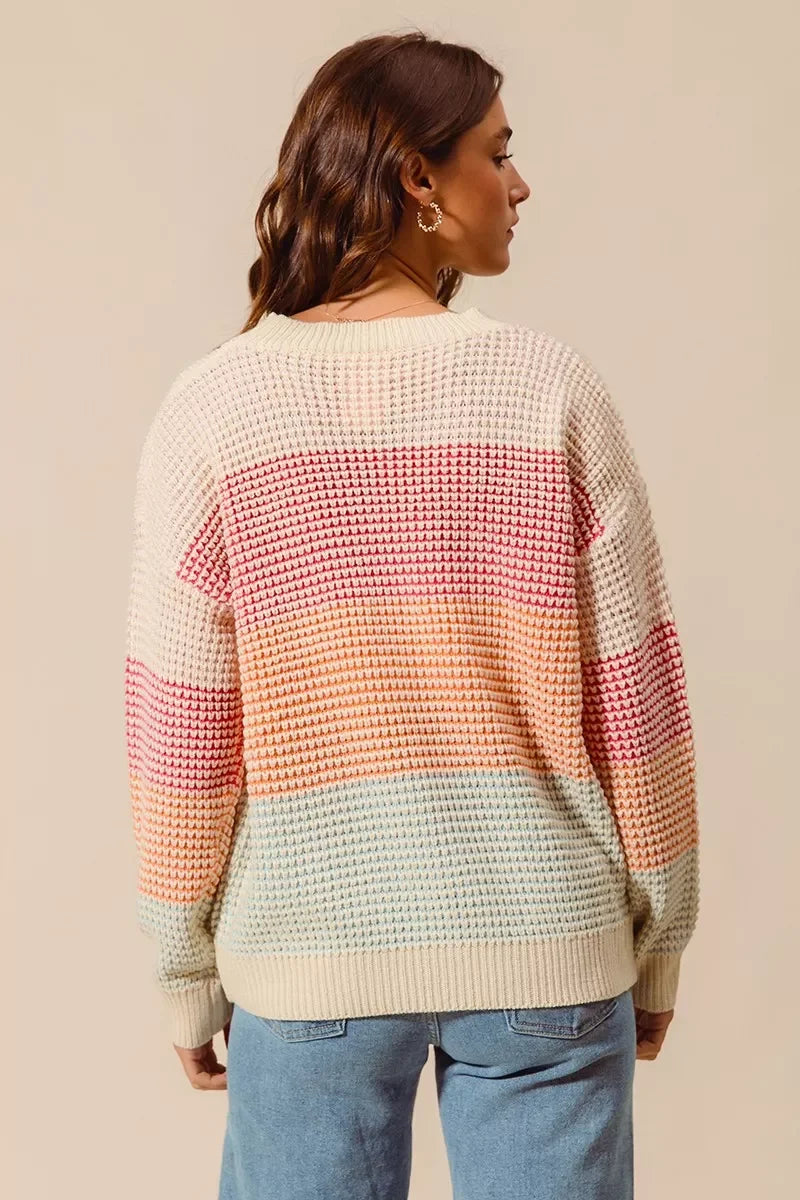 Oversized rainbow ombre knit sweater with waffle texture, trendy boho style for women