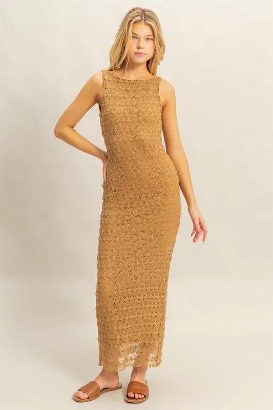 Tan crochet sleeveless maxi dress with boho texture, perfect for trendy, happy summer vibes