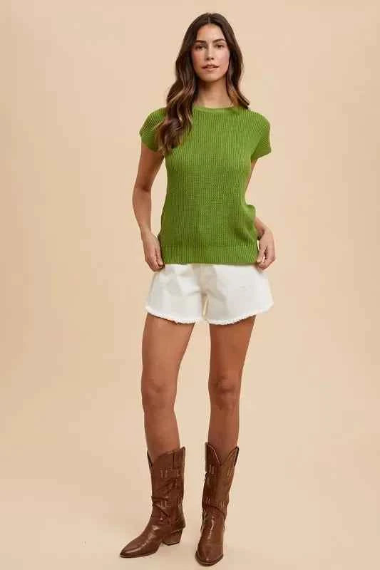 Round Neck Short Sleeve Sweater-moss
