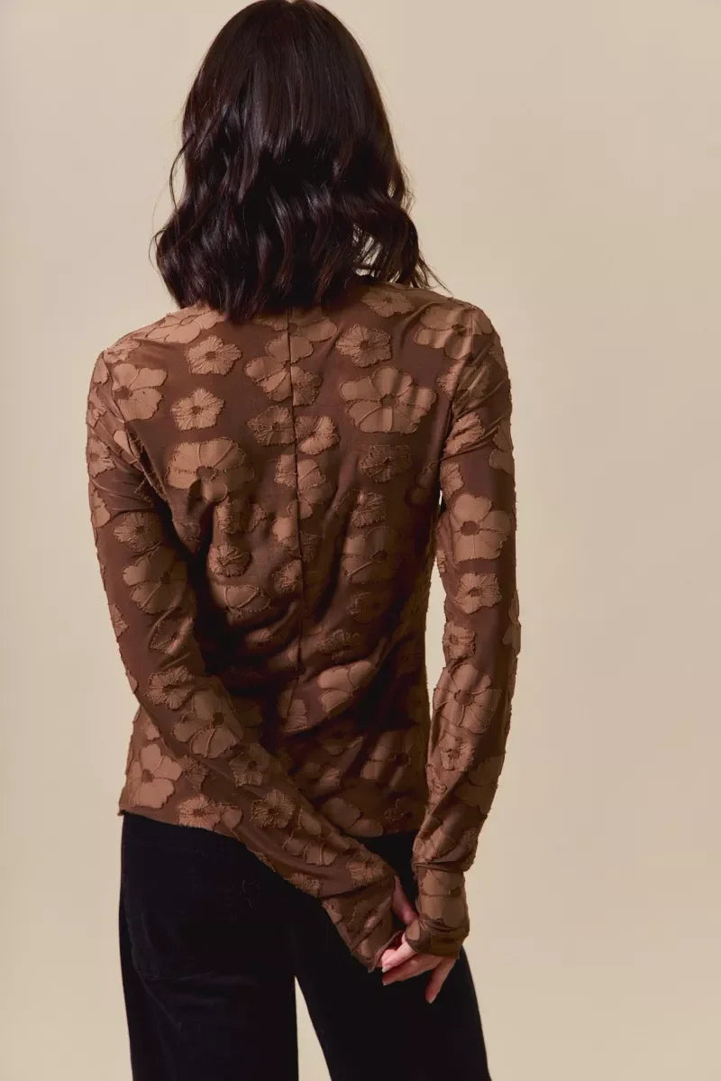Brown floral long sleeve top with textured pattern, back view, stylish and trendy women's fashion