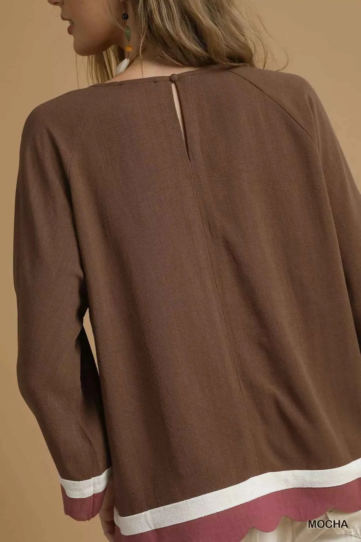 Scalloped Hem Color Block Top - Mocha