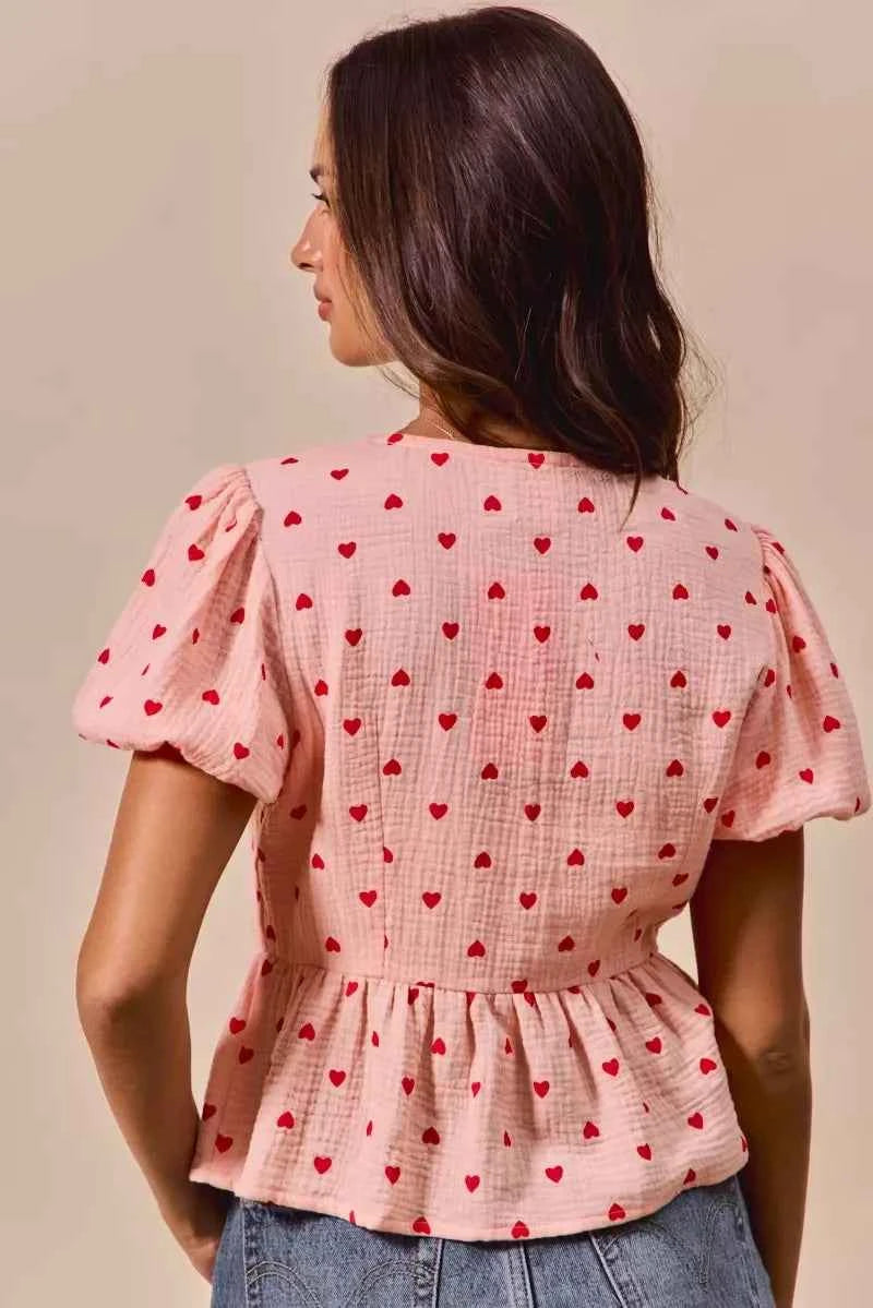 All Over Heart Ribbon Tie Baby Doll Valentine Blouse