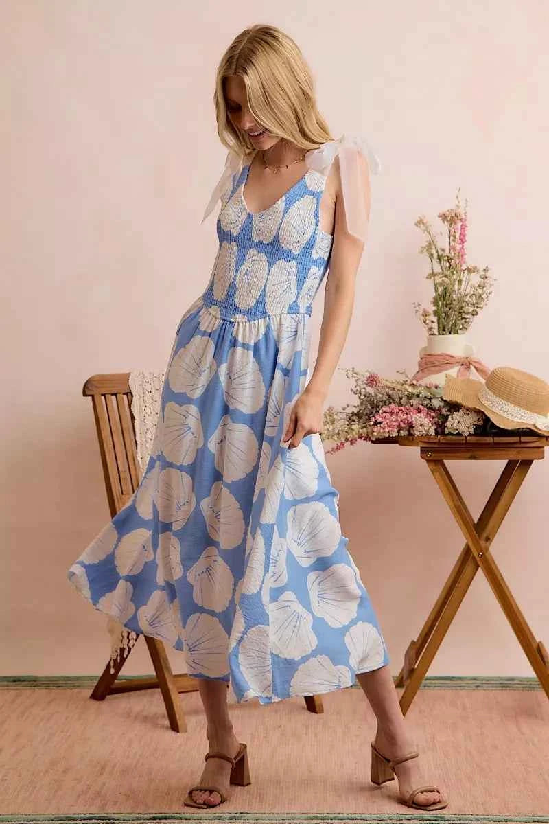Shell Smocked Bodice Shoulder Tie Lined Midi Dress - Blue