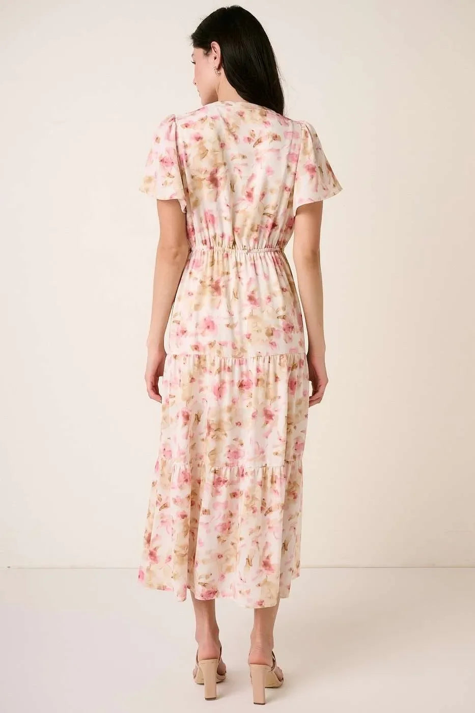 Pink floral midi dress with puff sleeves and tiered skirt, back view