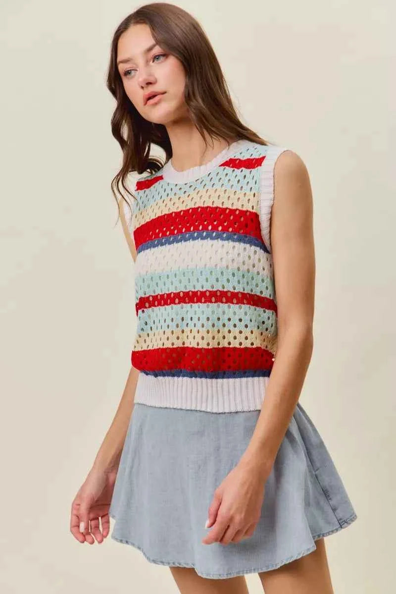 Tie Back Multi Stripe Sweater Knit Tank Top - Red Multi