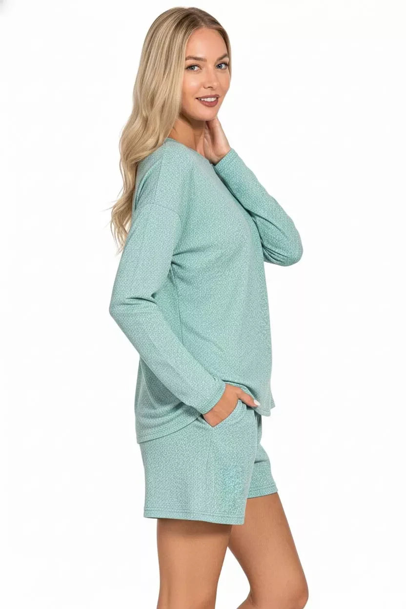 Mint green long sleeve lounge set with matching shorts, cozy and trendy for everyday comfort.