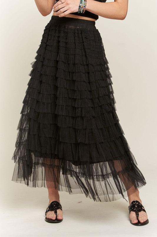 Elastic Waist Layered Mesh Midi Skirt - Wildflower Hippies