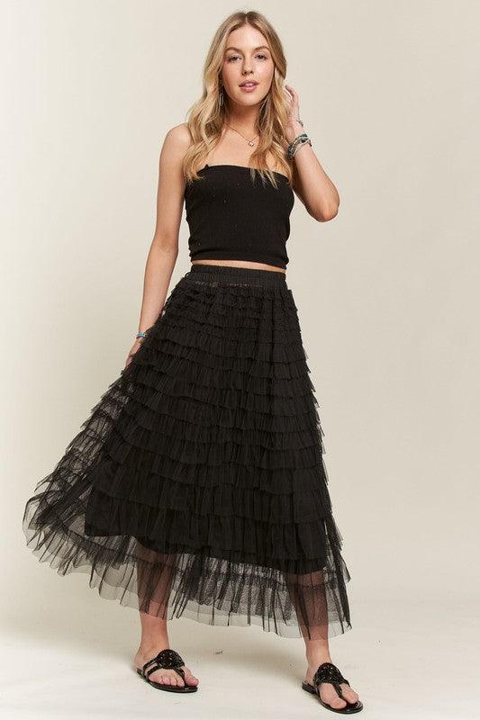 Elastic Waist Layered Mesh Midi Skirt - Wildflower Hippies