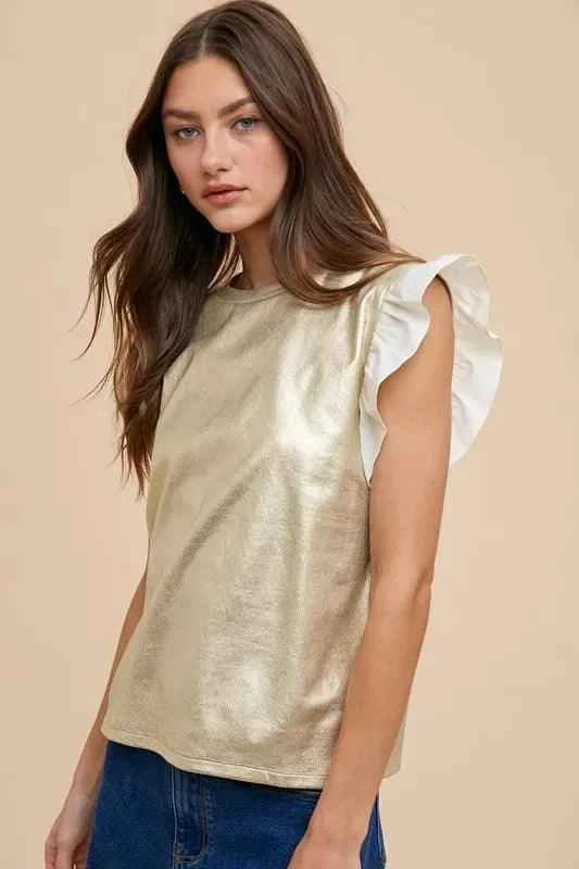 Mix Media Metallic Knit Ruffle Sleeve Top - Ice Gold