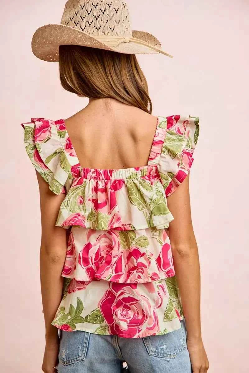 Floral Print Woven Bow Tie Ruffle Square Neck Top