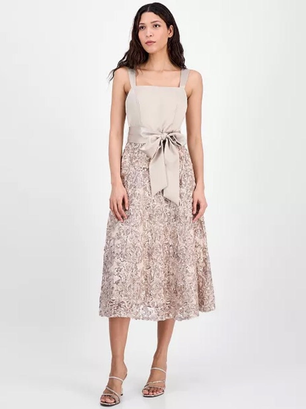 Tahari Cream Lace-Embellished Midi Dress with Satin Bow