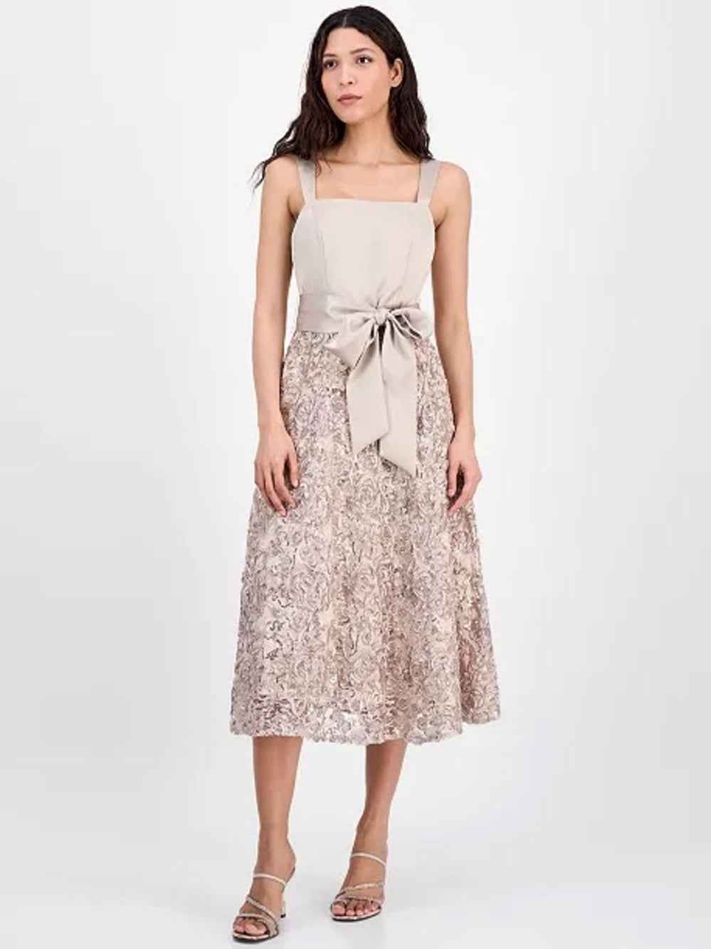Tahari Cream Lace-Embellished Midi Dress with Satin Bow