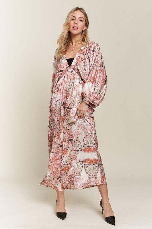 Printed V-Neck Batwing Sleeve Dress - Wildflower Hippies