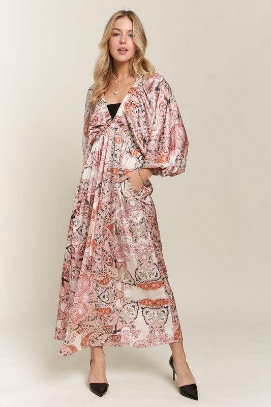 Printed V-Neck Batwing Sleeve Dress - Wildflower Hippies