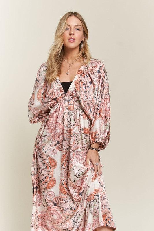 Printed V-Neck Batwing Sleeve Dress - Wildflower Hippies