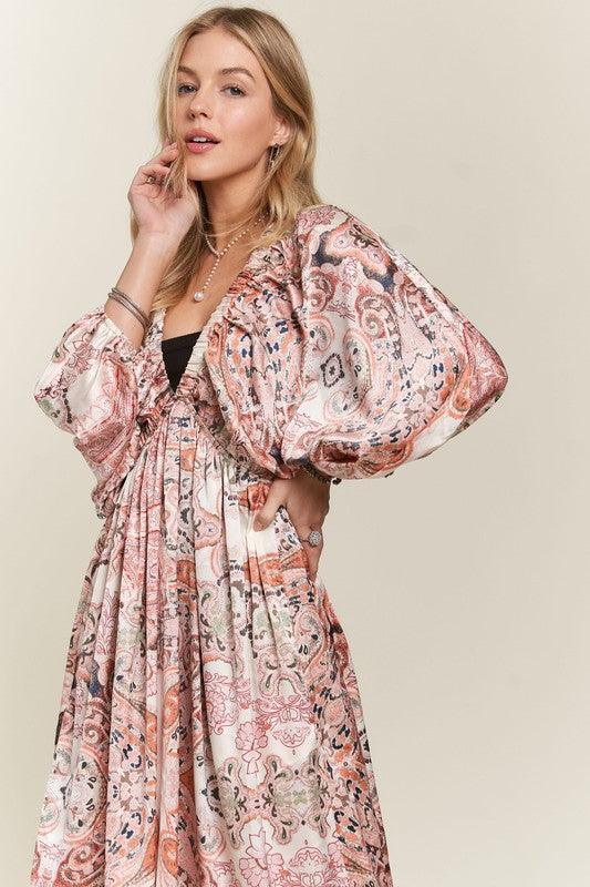 Printed V-Neck Batwing Sleeve Dress - Wildflower Hippies