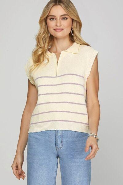Ribbed Hem Striped Half Zip Sweater Vest - Wildflower Hippies
