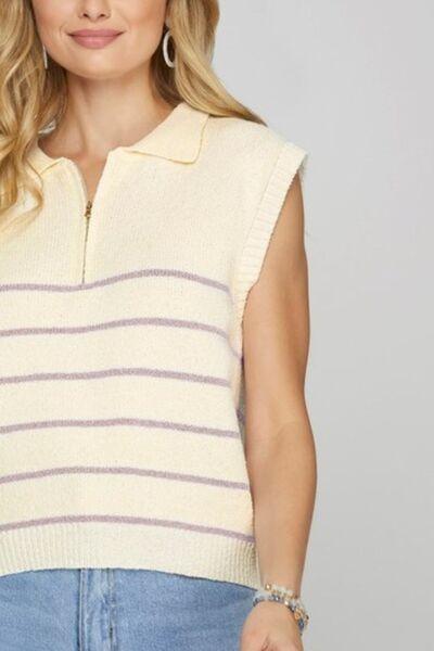Ribbed Hem Striped Half Zip Sweater Vest - Wildflower Hippies