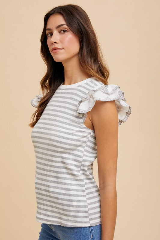 Ruffled Striped Round Neck Cap Sleeve Knit Top - Wildflower Hippies